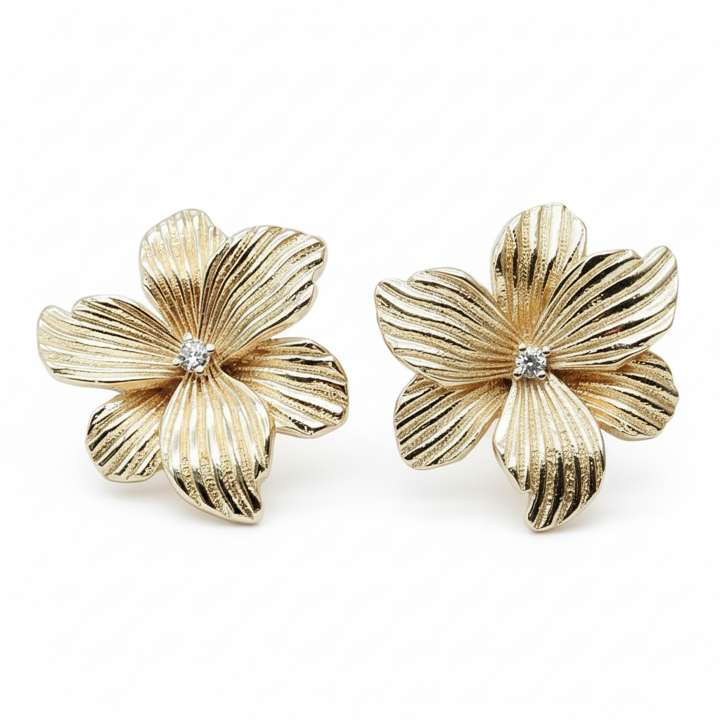 Gold chunky button stud earrings with open design on white background - statement jewelry