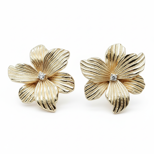 Gold chunky button stud earrings with open design on white background - statement jewelry