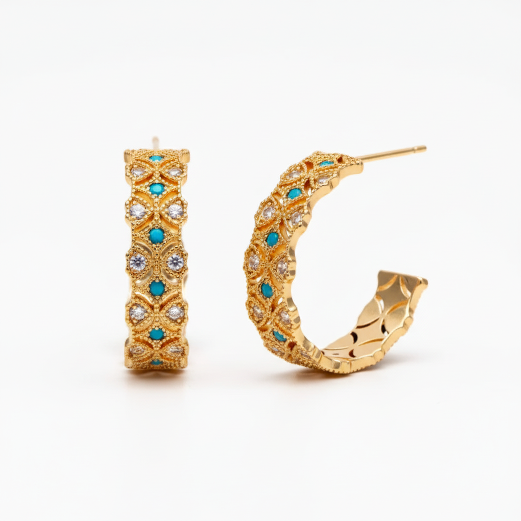 18k gold plated open hoop earrings with turquoise and white CZ studs on clean white background