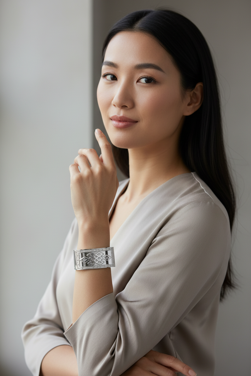 Asian model wearing chunky shiny silver rectangular bangle bracelet - polished statement bracelet lifestyle shot