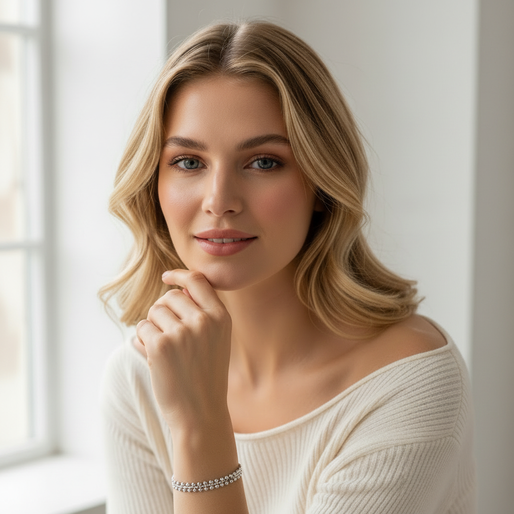 Silver Rhodium Bracelet Double Chain on Wrist Minimalist Jewelry

