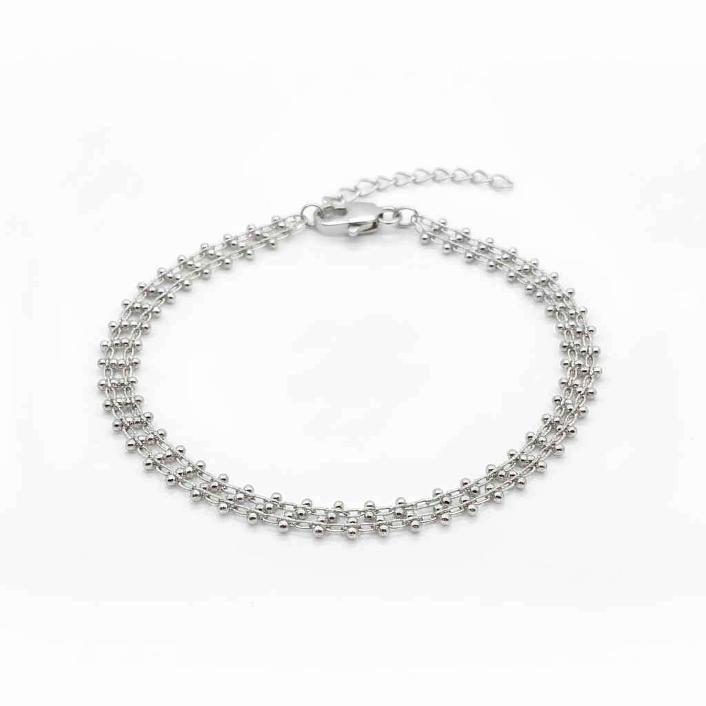 Double Chain Bracelet Silver Rhodium Plated Beaded Dainty Women


