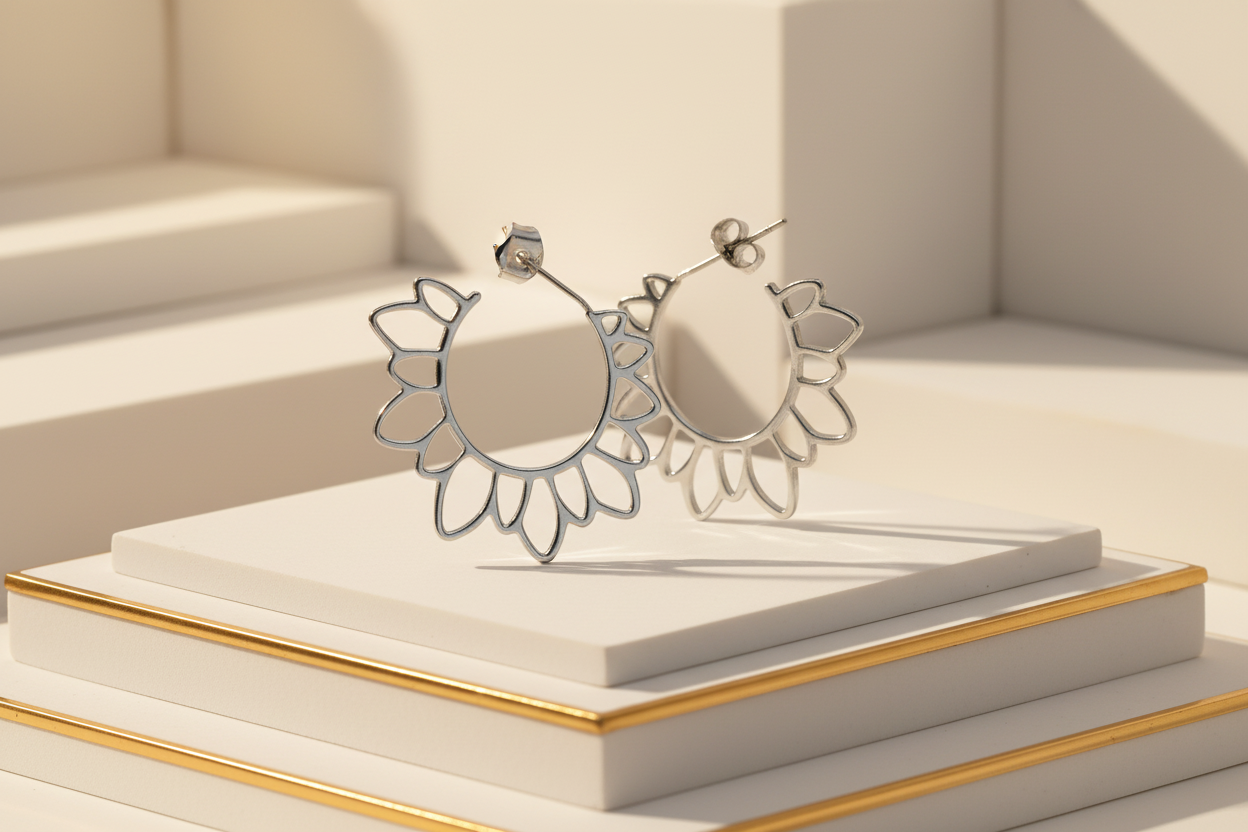 Silver open hoop earrings in white and gold environment