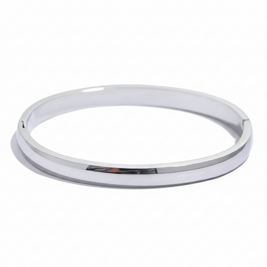Silver rhodium plated stainless steel rigid bangle bracelet - 6mm width, mirror-like finish