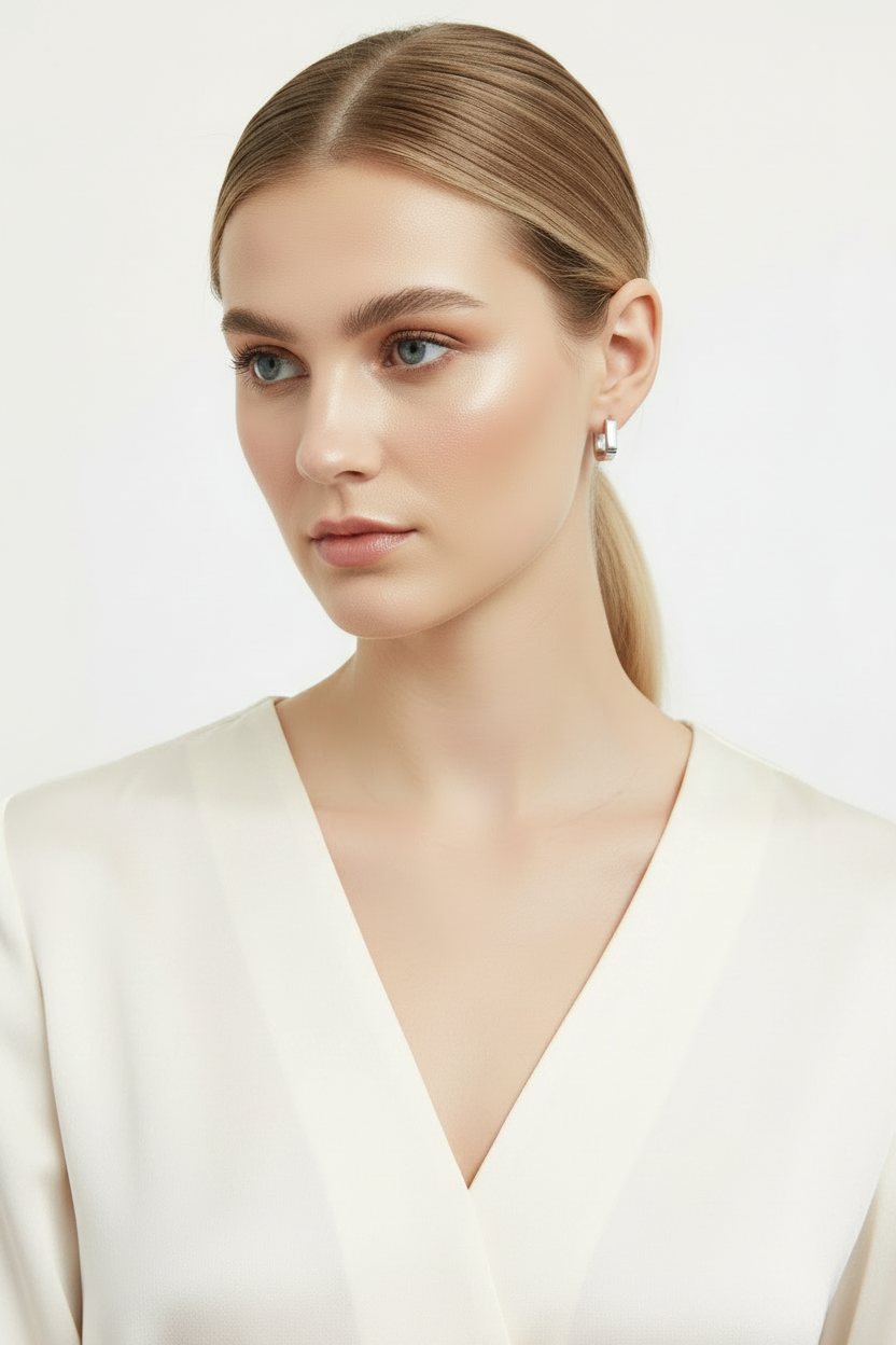 Silver square huggie hoop earrings on model 15mm geometric silver plated small hoops women
