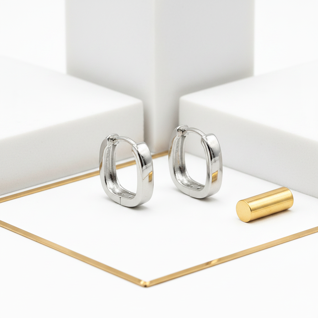 Square huggie hoops silver rhodium plated geometric earrings gift women minimalist jewelry

