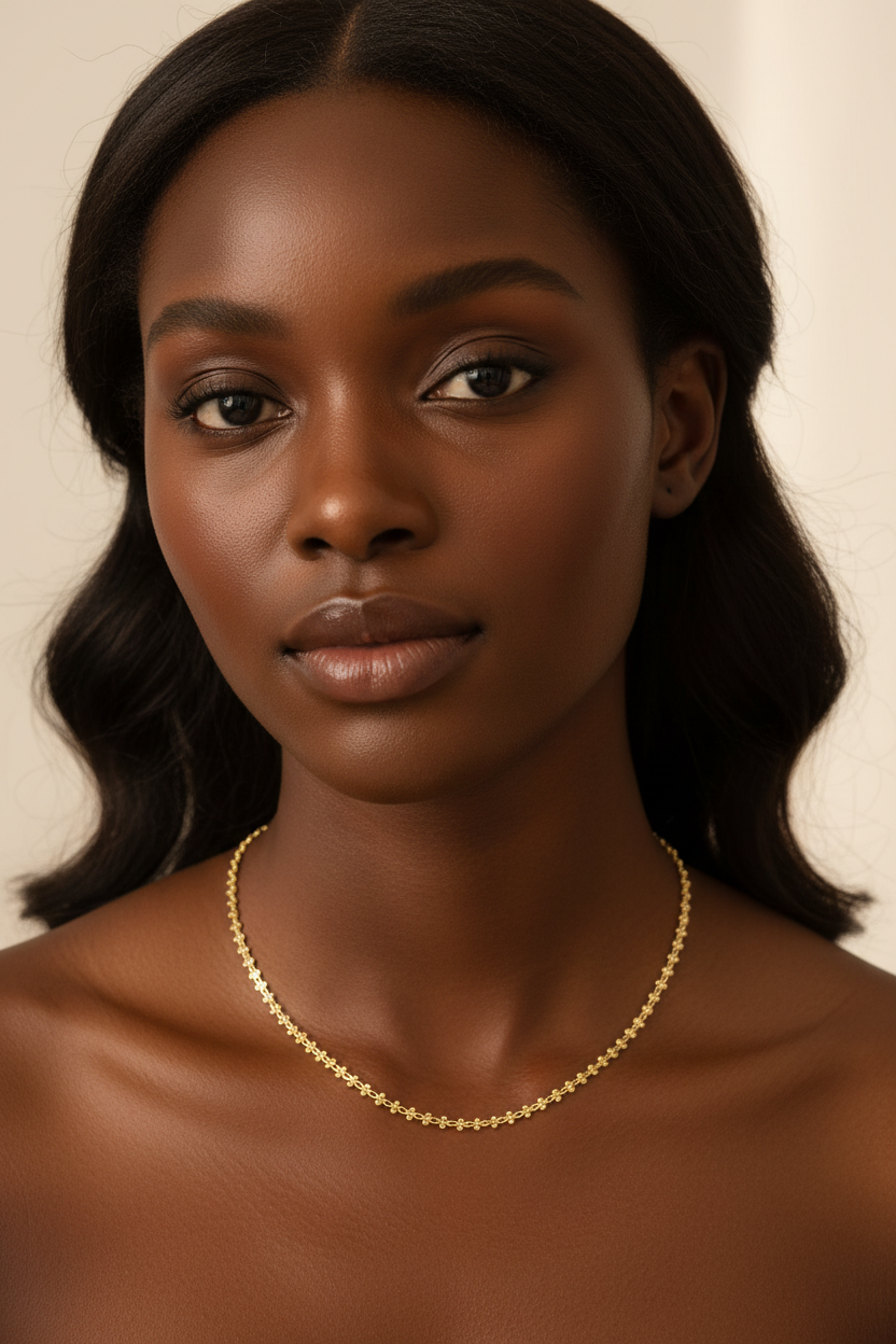 Black Model Wearing Gold Plated Chain Choker Necklace - Minimalist Everyday Elegance Upper Body Portrait