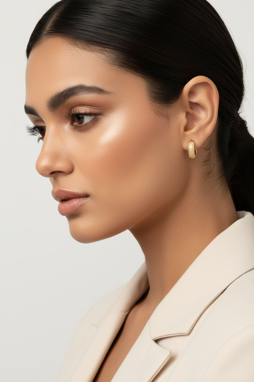 Model wearing small chunky textured gold huggie hoop earrings - 12mm 18k gold plated hoops