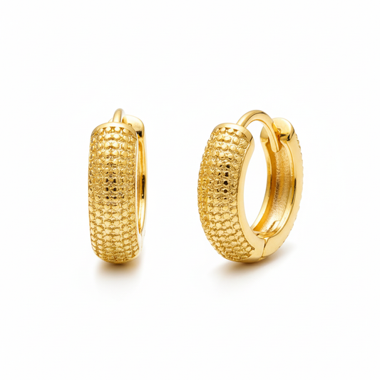 Small chunky textured gold huggie hoop earrings 12mm - 18k gold plated hoops on white background