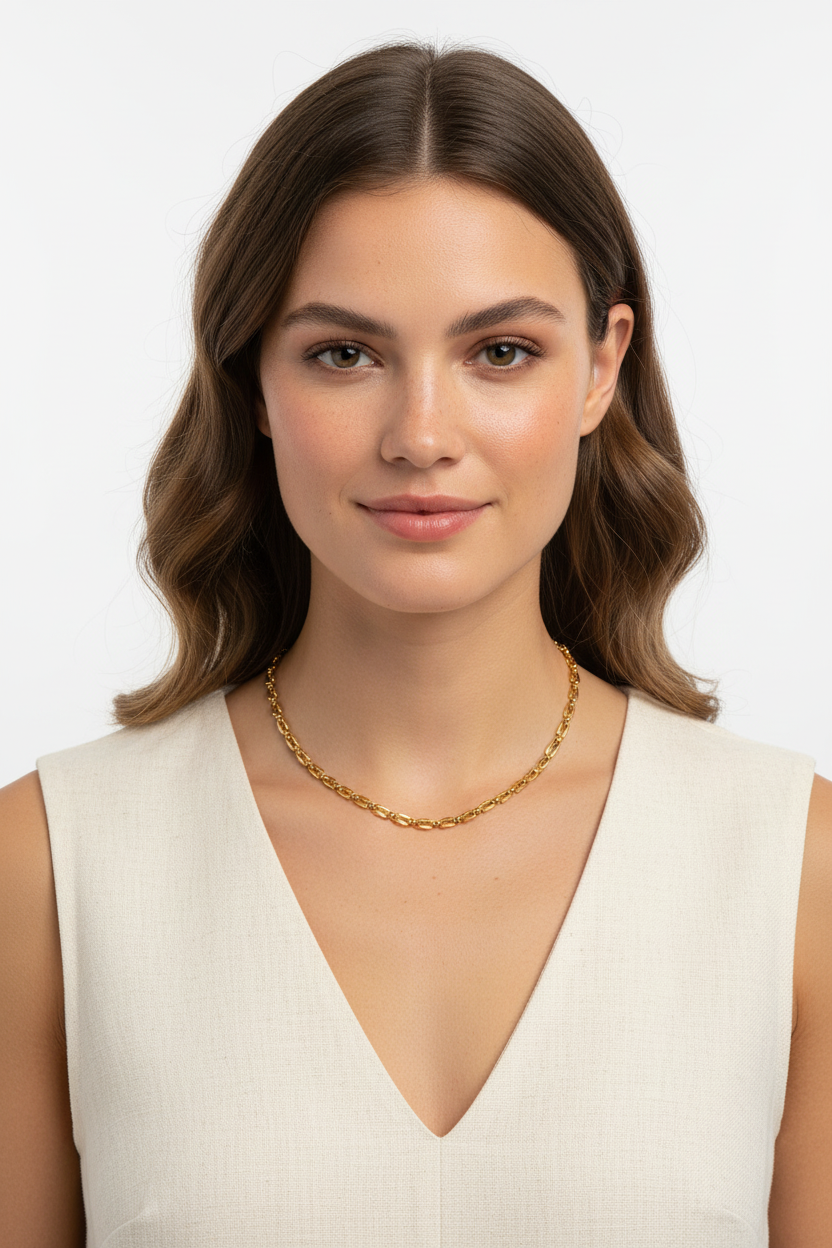Woman wearing small link chain necklace 18k PVD gold stainless steel – Ms Friesch
