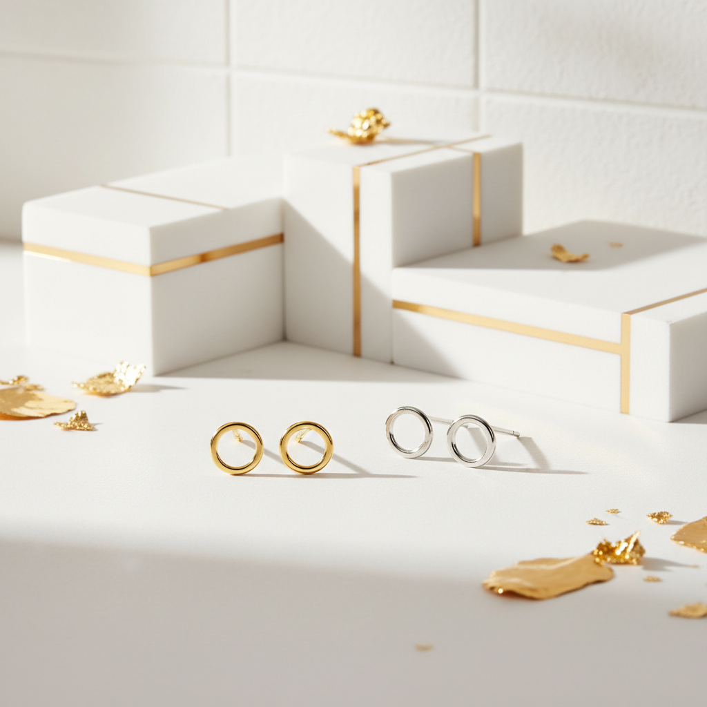 Woman wearing small open circle stud earrings 7mm minimalist geometric jewelry