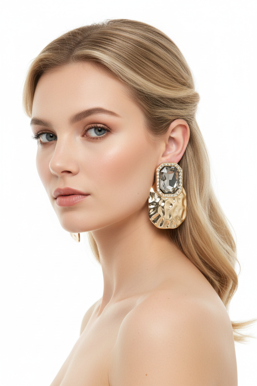 Smoky Crystal Statement Earrings on Blonde Model