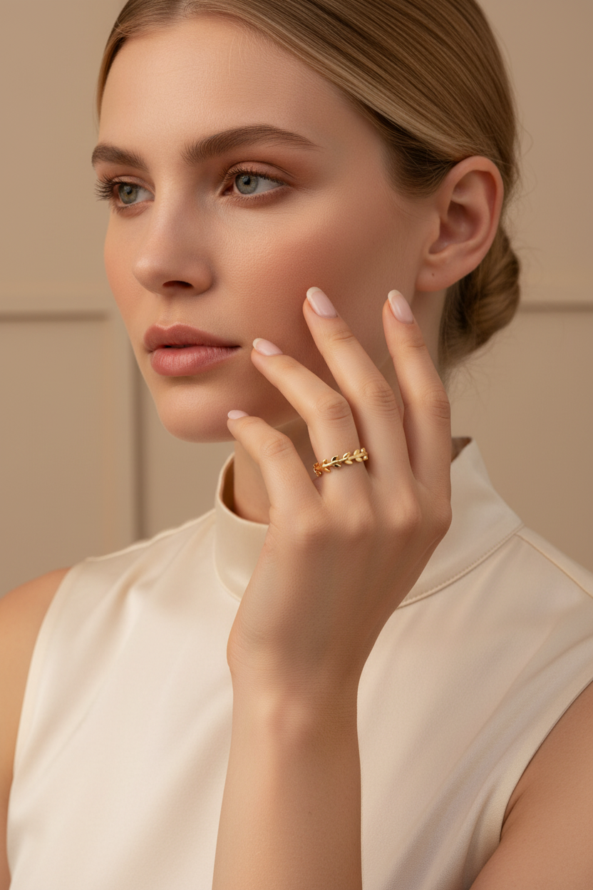 model wearing spike gold plated ring with adjustable open back on hand