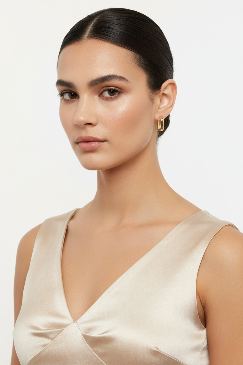 18K gold plated square huggie earrings worn by woman model minimalist gold jewelry

