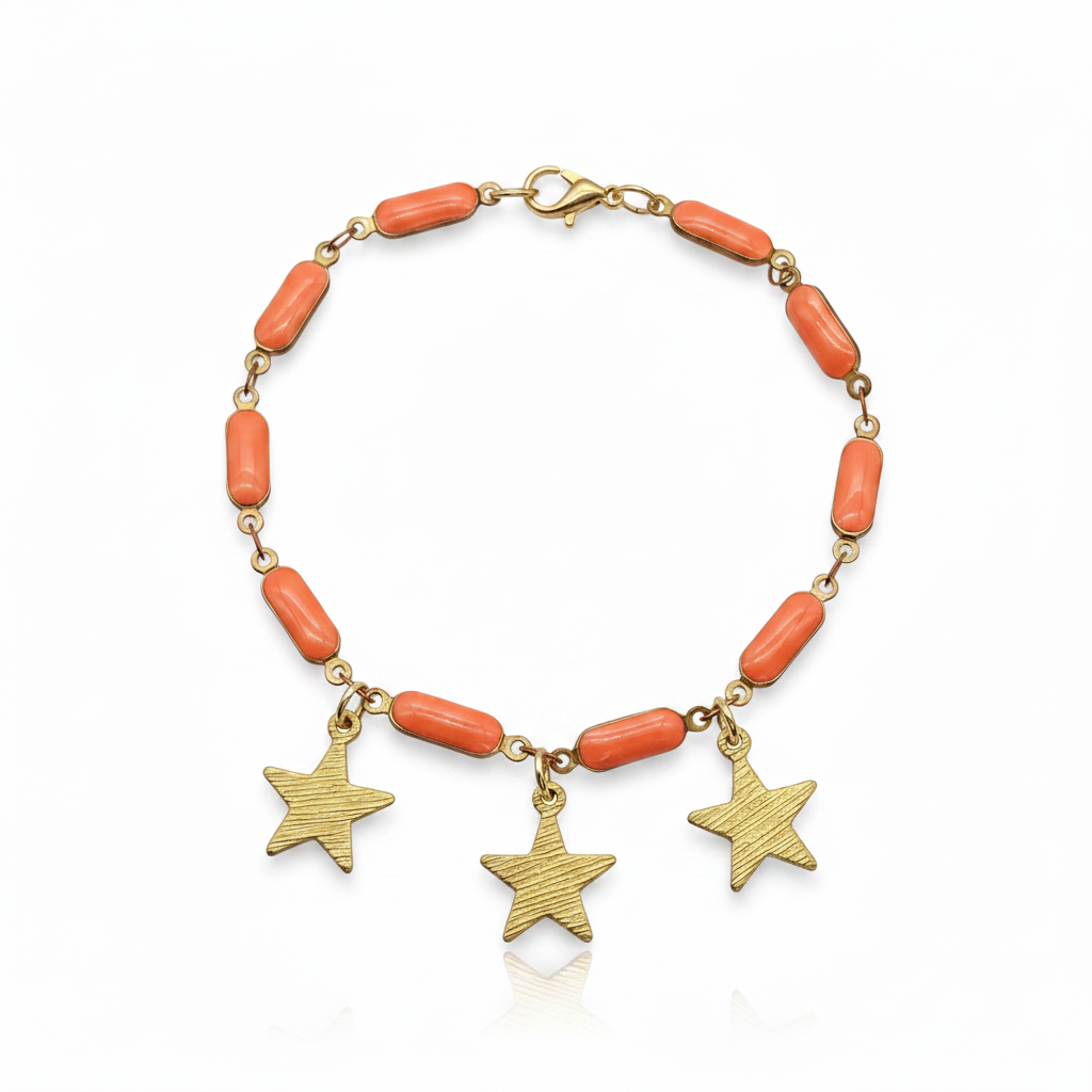 Star Charm Dangle Bracelet Gold Orange Enamel Puffed Bar



