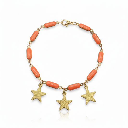 Star Charm Dangle Bracelet Gold Orange Enamel Puffed Bar



