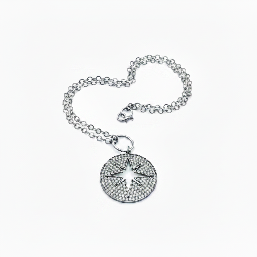Star Pendant Necklace Sterling Silver Oxidized CZ Pavé for Women
