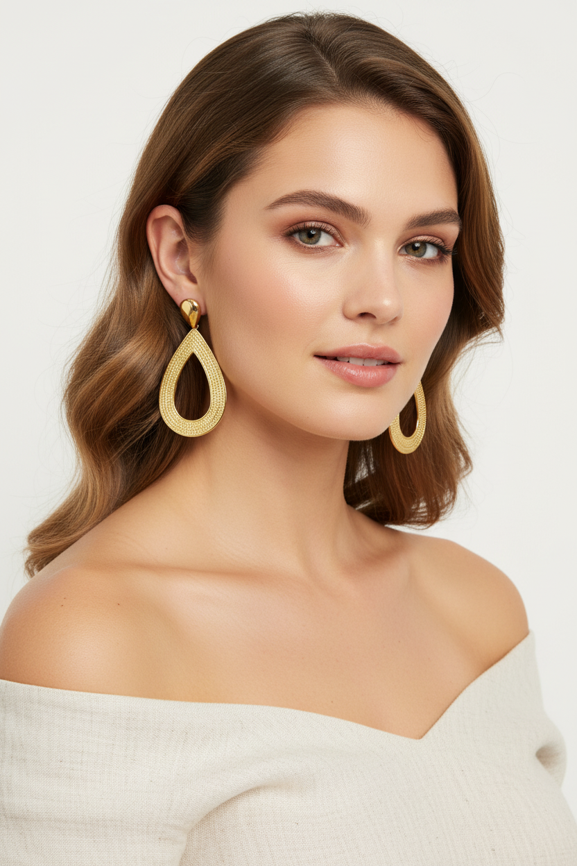 18k PVD Gold Textured Teardrop Stud Dangle Earrings – Bold Statement Jewelry – Ms Friesch
