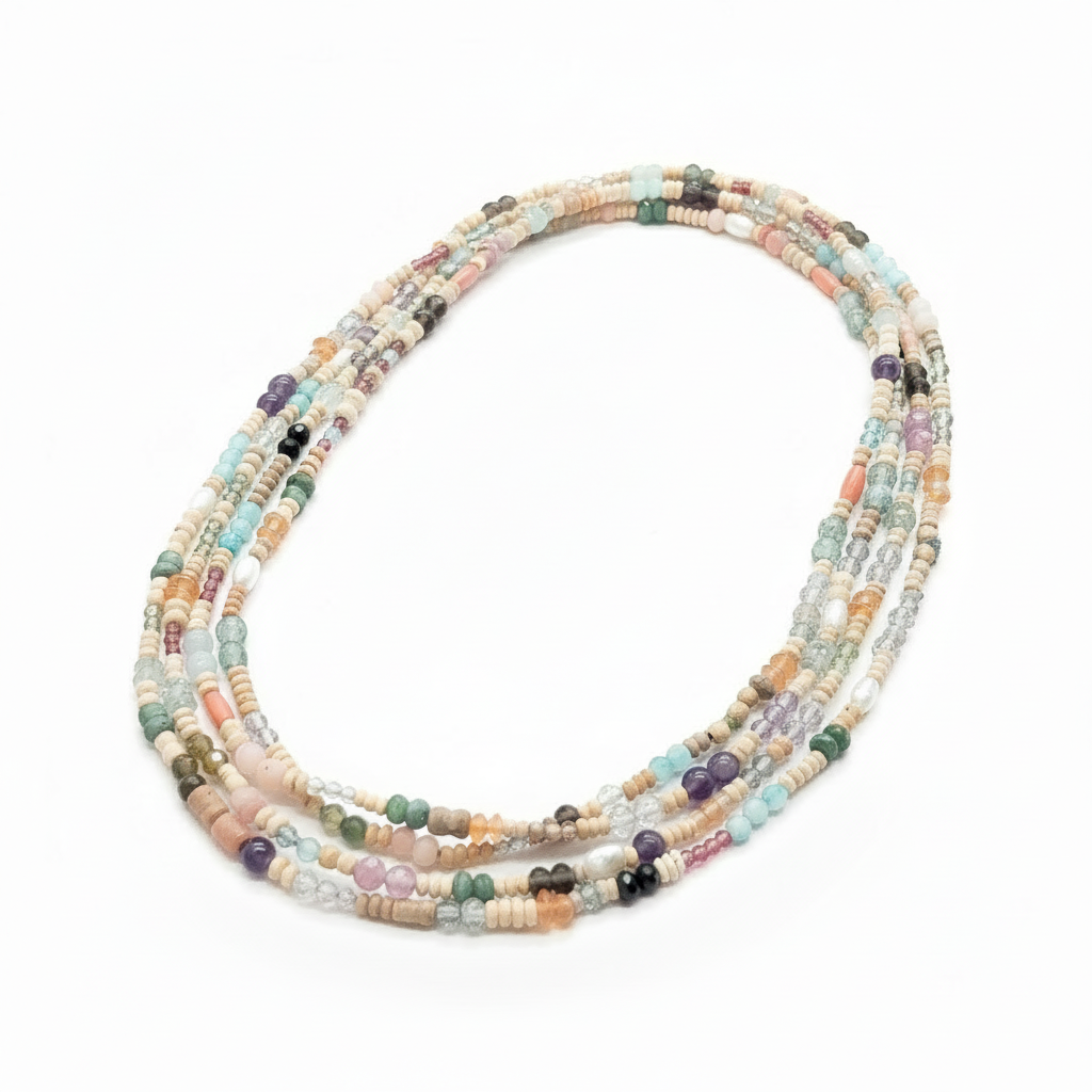 Handmade Terracotta & Multi-Gemstone Long Necklace – Artisan Beads on Silk