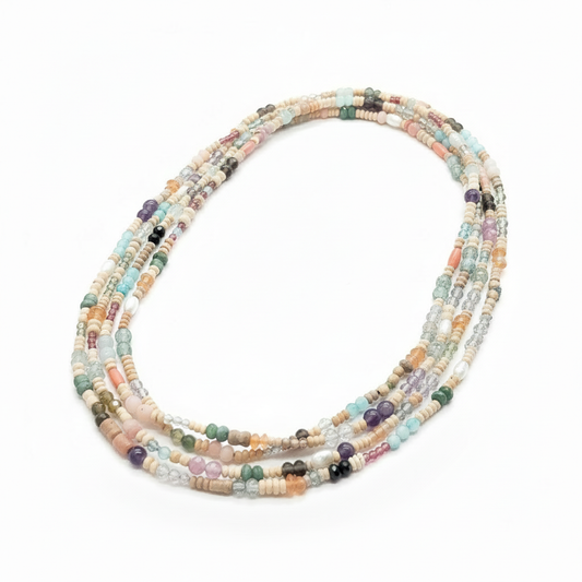 Handmade Terracotta & Multi-Gemstone Long Necklace – Artisan Beads on Silk