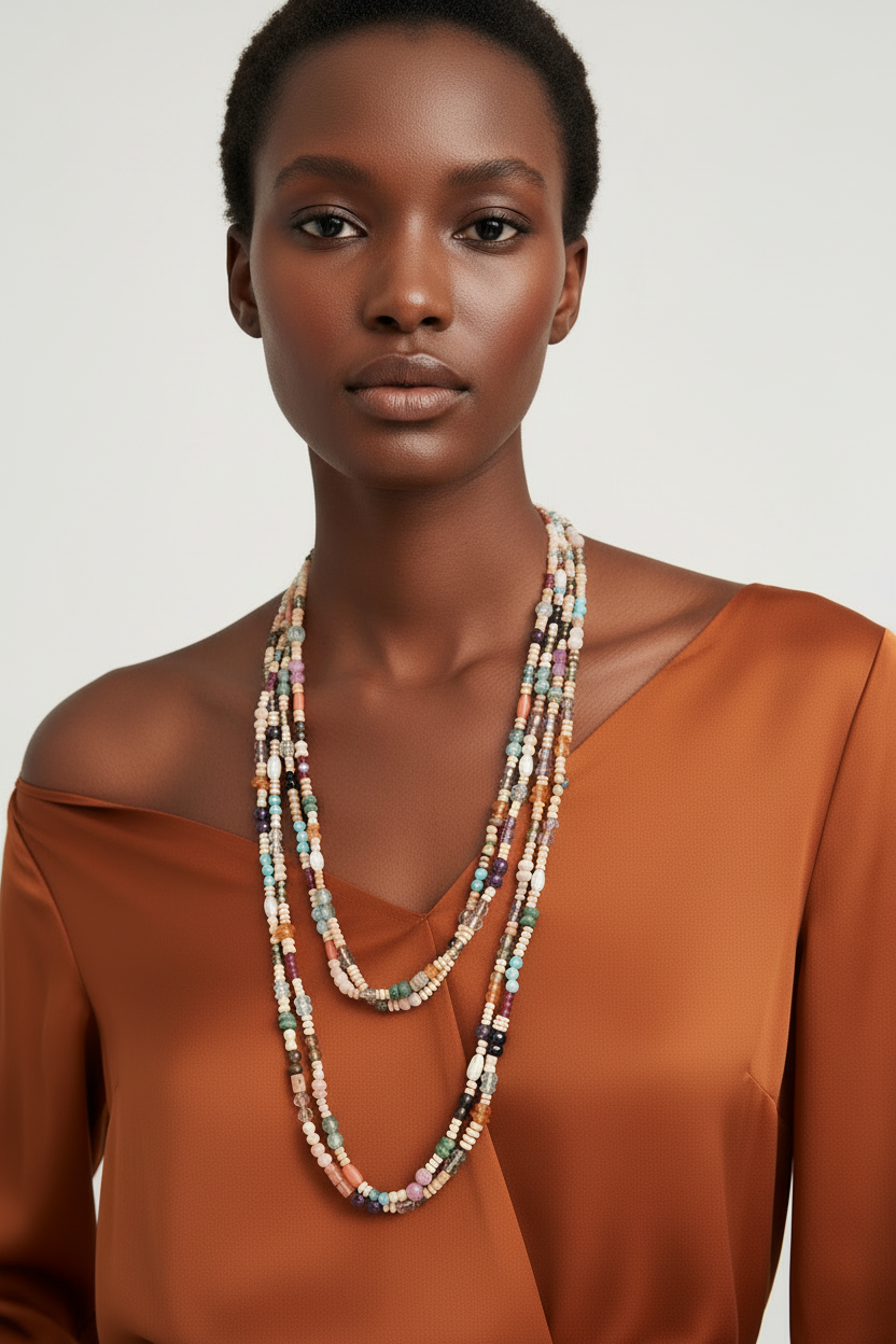 Terracotta & Gemstone Long Necklace Worn by Model – Boho Chic Statement Jewelry