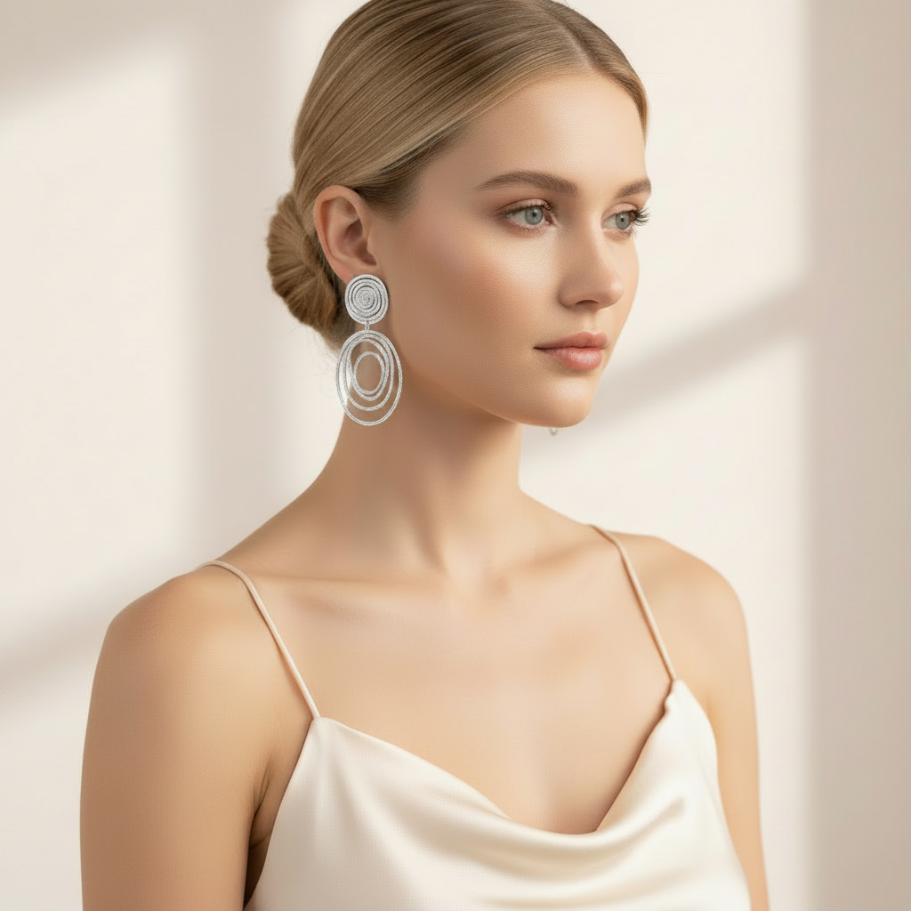 Silver Rhodium Spiral Drop Earrings on Model for Women

