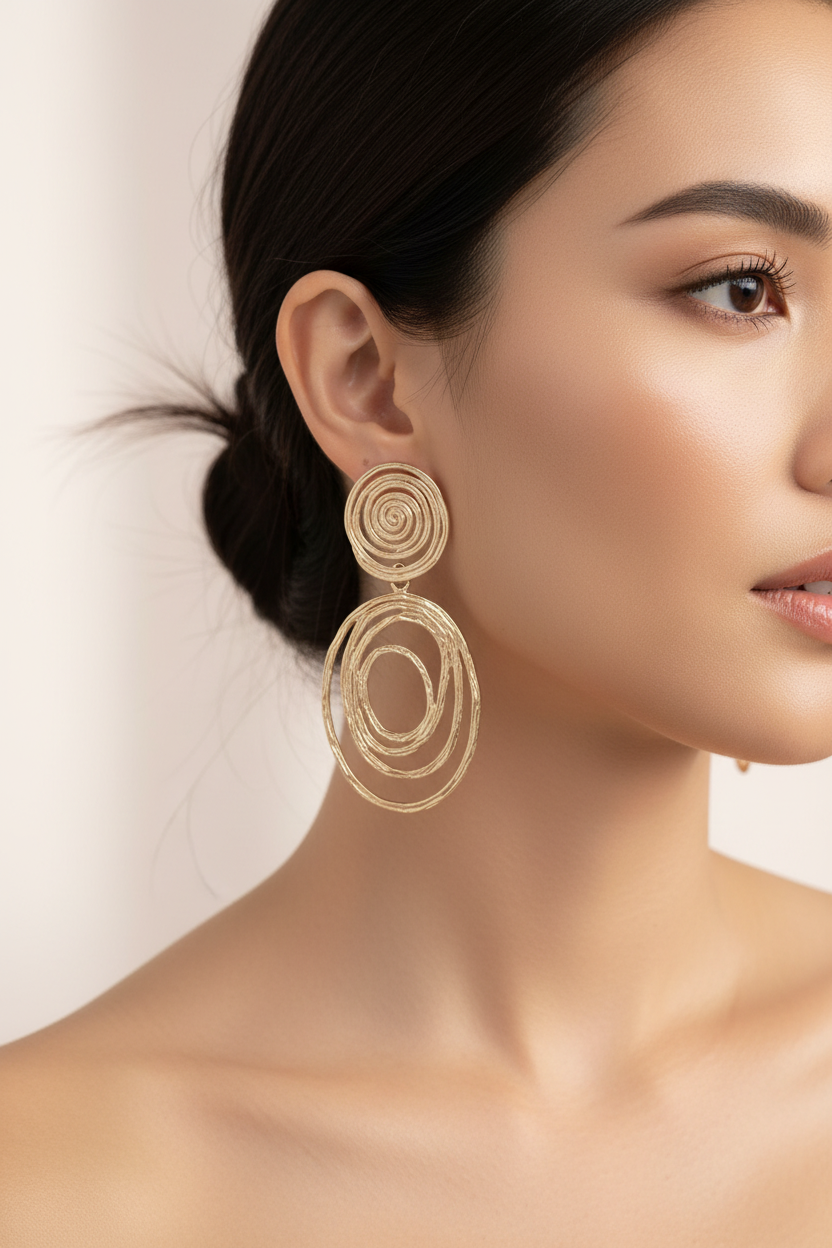Textured spiral stud earrings in 18k gold plating worn by model showcasing statement jewelry style