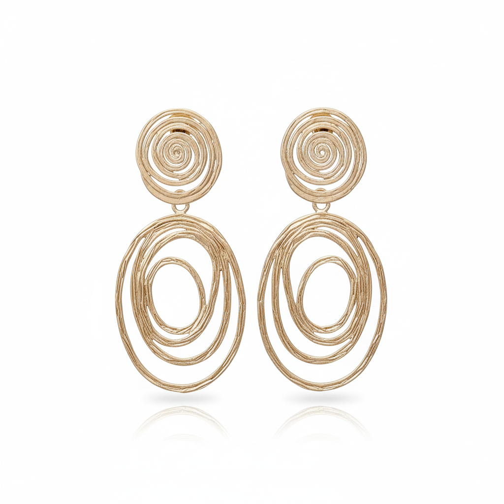 18k gold plated textured spiral stud earrings with concentric circle design on white background