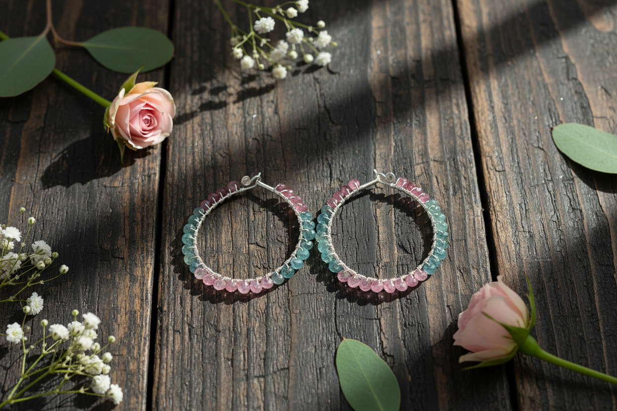Tourmaline hoops on dark wood - brighter