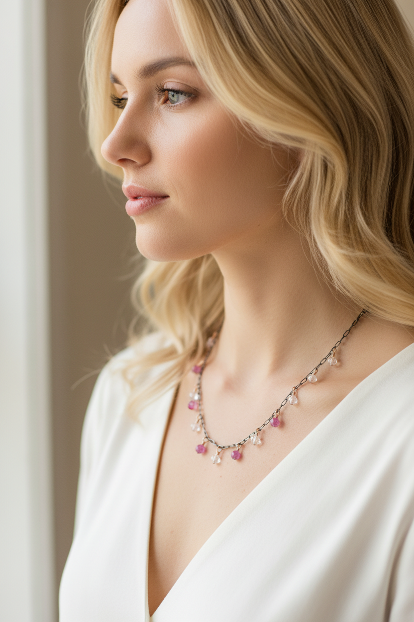 Tourmaline Rose Quartz Necklace on Blonde Model
