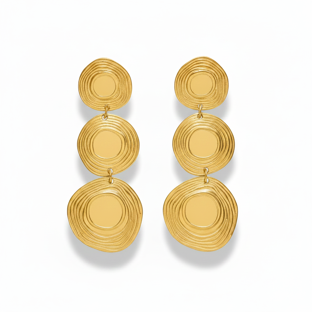 18K Gold PVD Triple Disc Drop Earrings - Concentric Circle Statement Earrings
