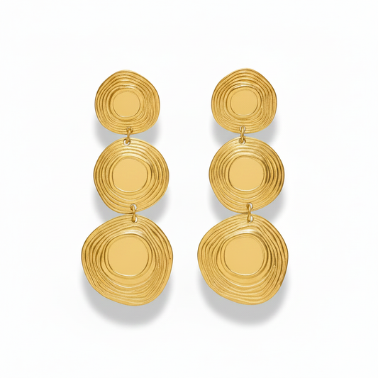 18K Gold PVD Triple Disc Drop Earrings - Concentric Circle Statement Earrings
