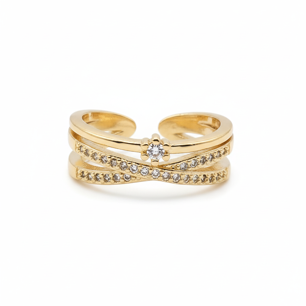 Cross Ring 18k Gold Plated Triple Row CZ Stones – Adjustable Open Band Ring for Women
