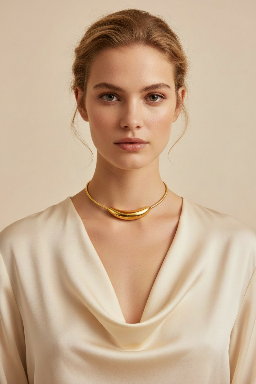 Nordic model wearing 18k PVD gold tubogas choker necklace with crescent pendant – Ms Friesch jewelry
