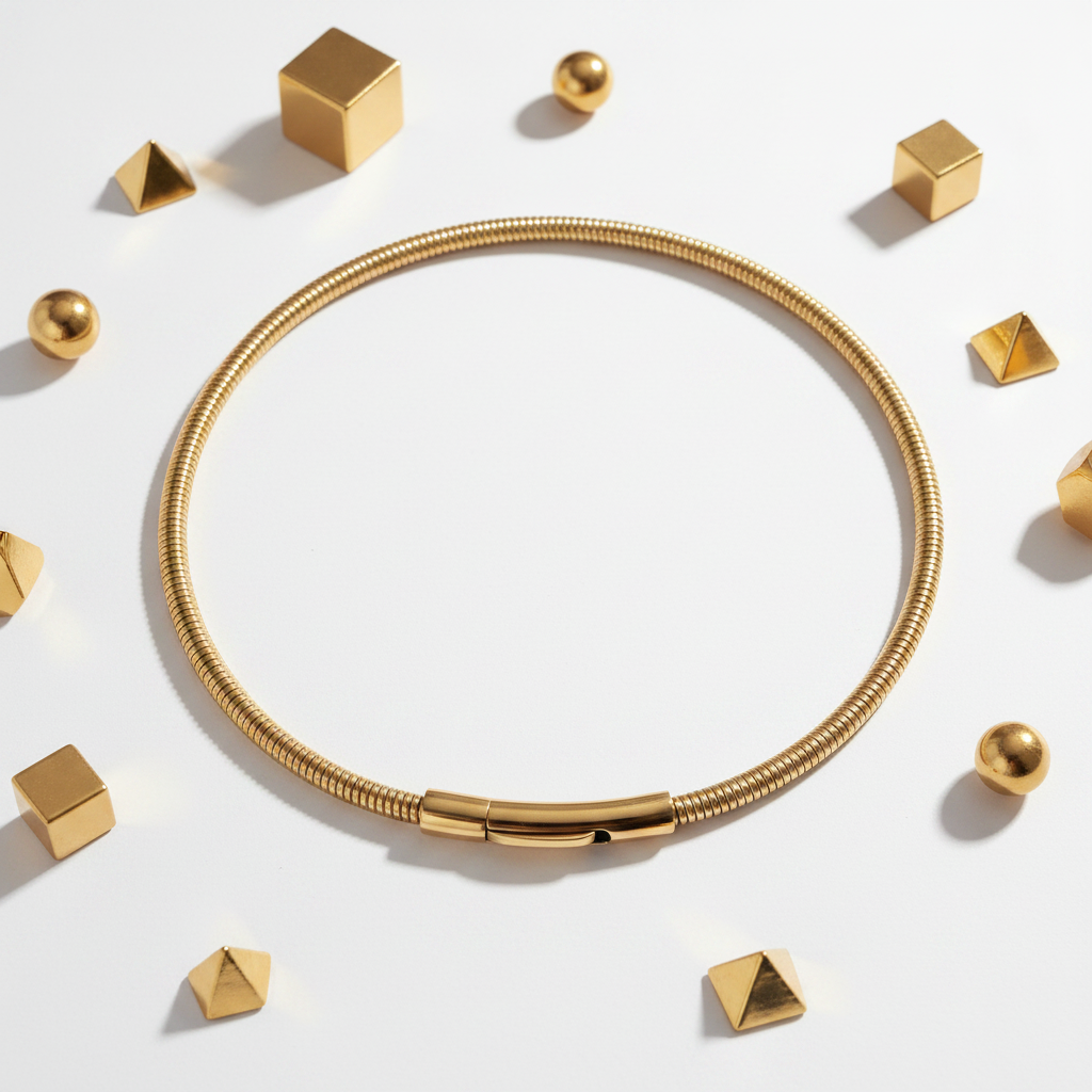 Tubogas malleable choker necklace 18k PVD gold stainless steel white background gold geometric shapes spheres
