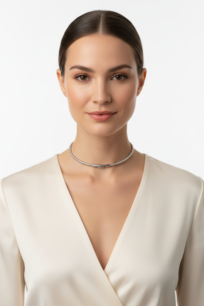 Woman wearing platinum PVD tubogas flexible choker necklace silver-tone minimalist jewelry Ms Friesch

