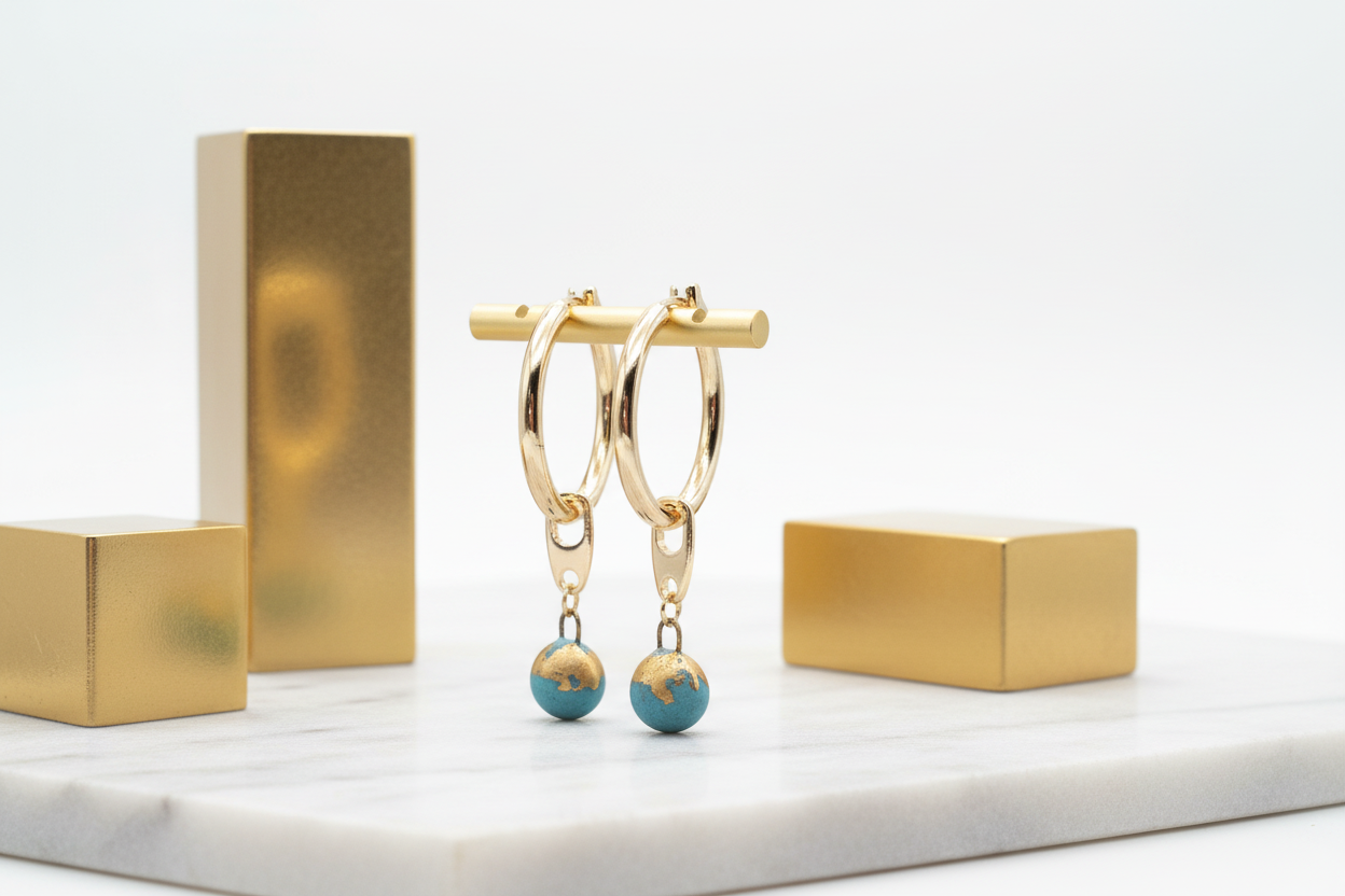 Gold hoop earrings turquoise ceramic charm white and gold setting 18k gold plated statement hoops luxury jewelry