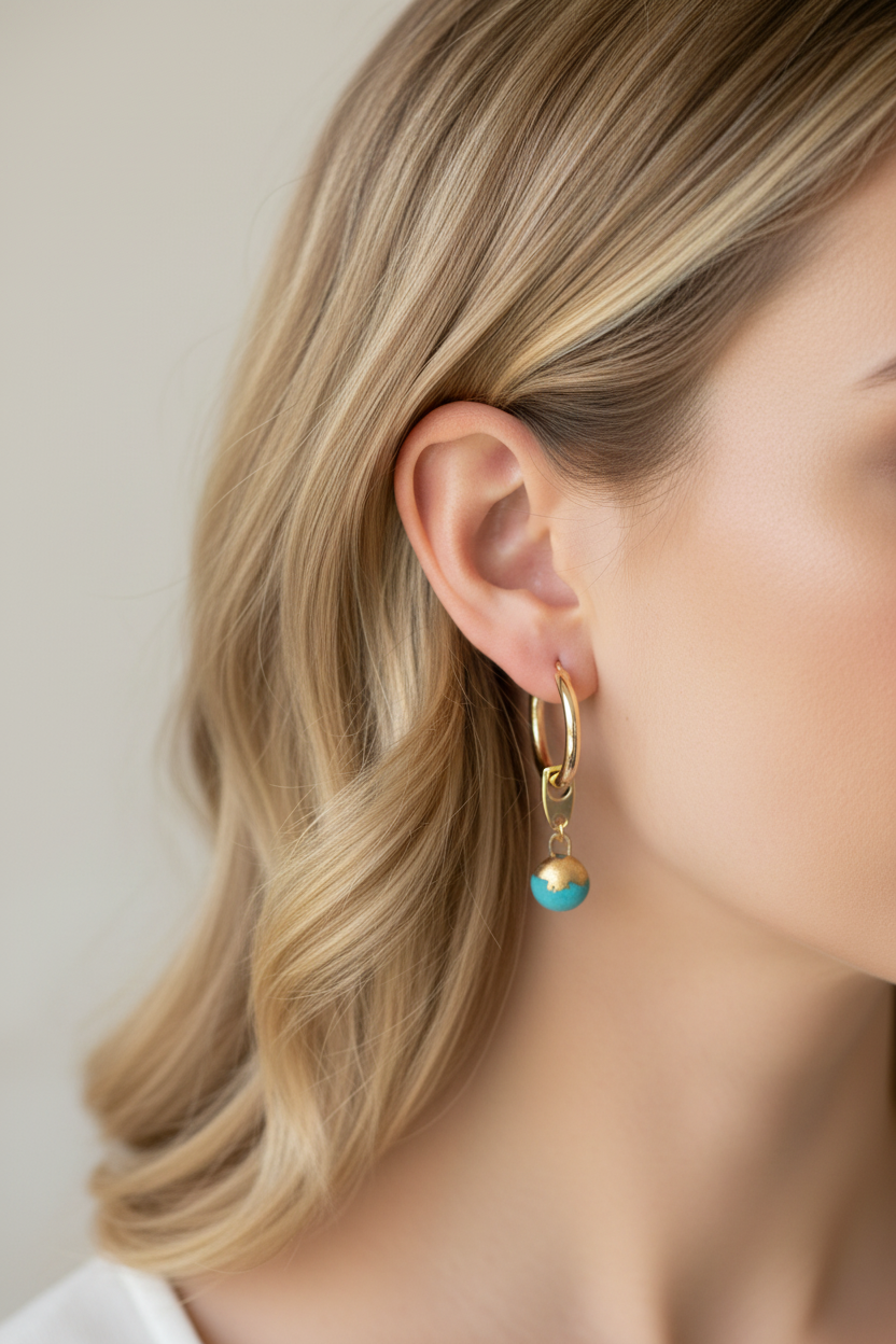 Turquoise charm hoop earrings on model gold plated hoops with ceramic pendant statement jewelry for women