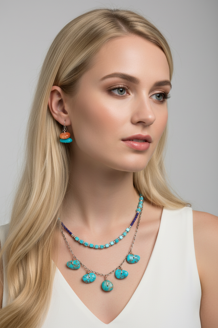 Turquoise necklace with 5 dangles and properly scaled earrings