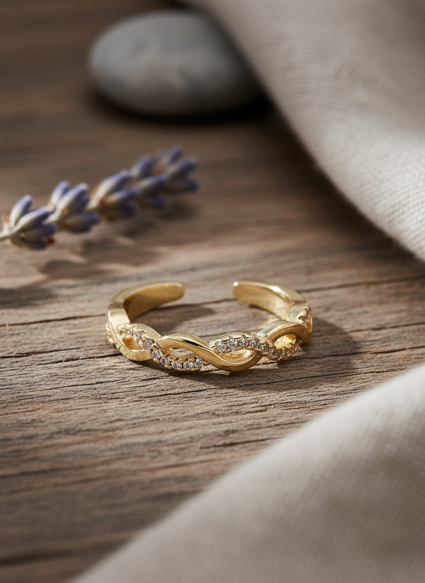 Twist Ring on Adorned Rustic Wood