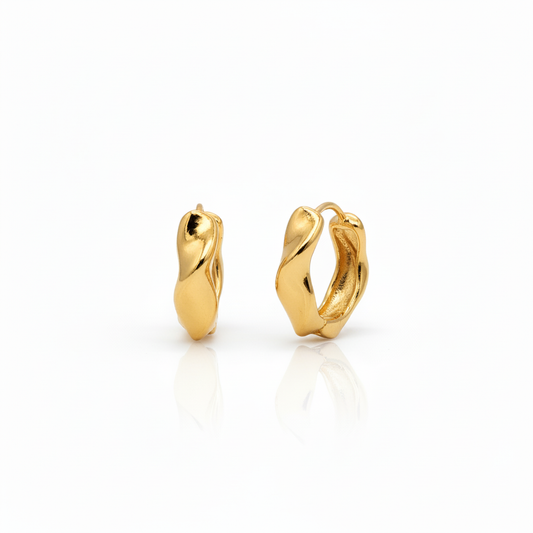 Small twisted chunky gold huggie hoop earrings front view 16mm gold plated 

