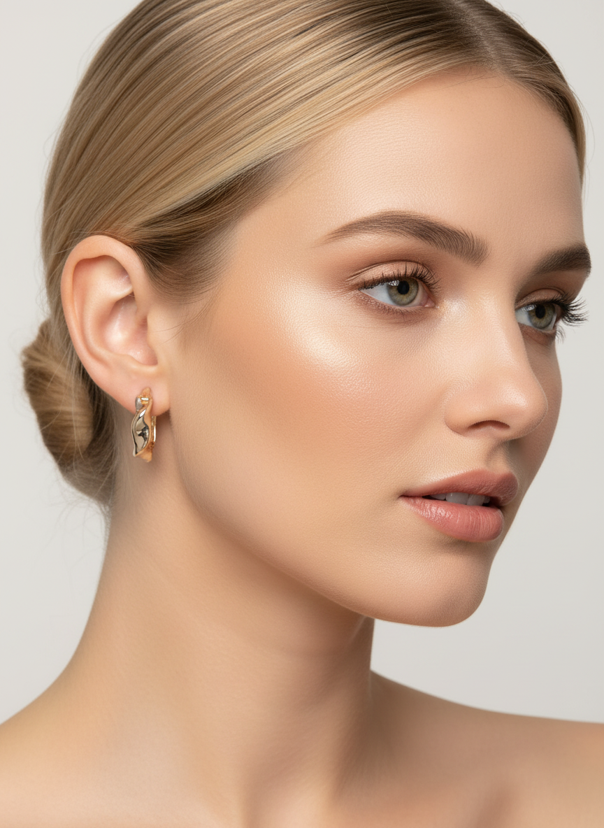 Twisted gold hoop earrings on blonde model