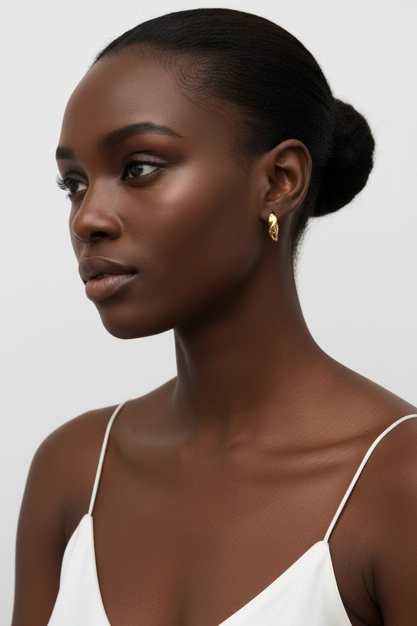 Twisted gold huggie hoop earrings 16mm worn by model, small chunky hoops close to earlobe
