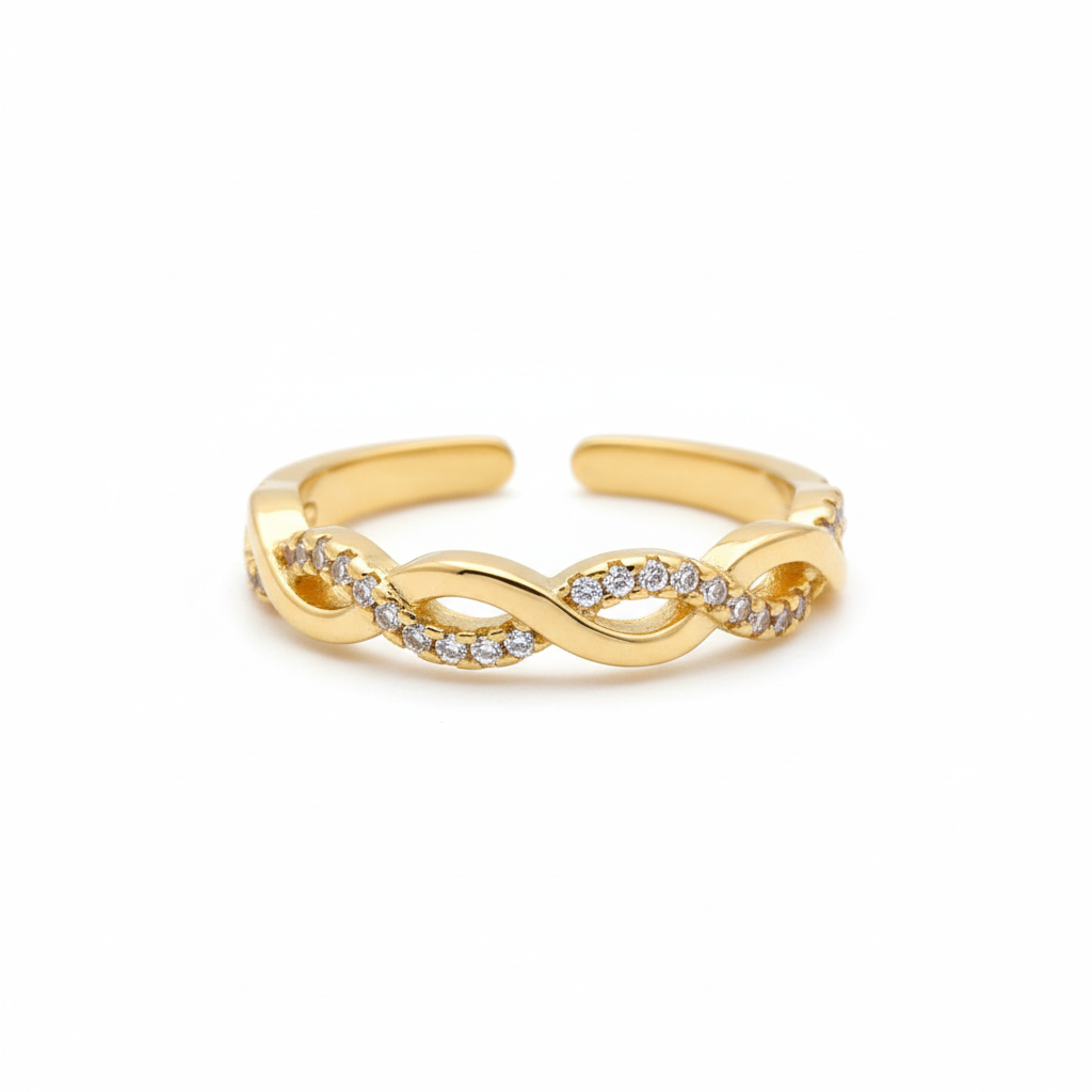 Twisted Band Ring 18k Gold Plated CZ Pavé & Polished Gold – Adjustable Open Ring for Women
