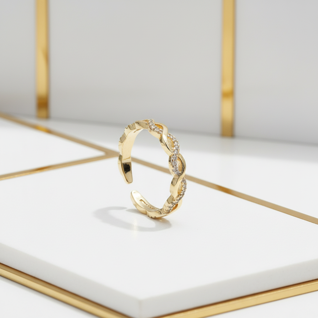 Twisted Double Band Ring 18k Gold Plated – Pavé CZ & Polished Gold Adjustable Open Ring
