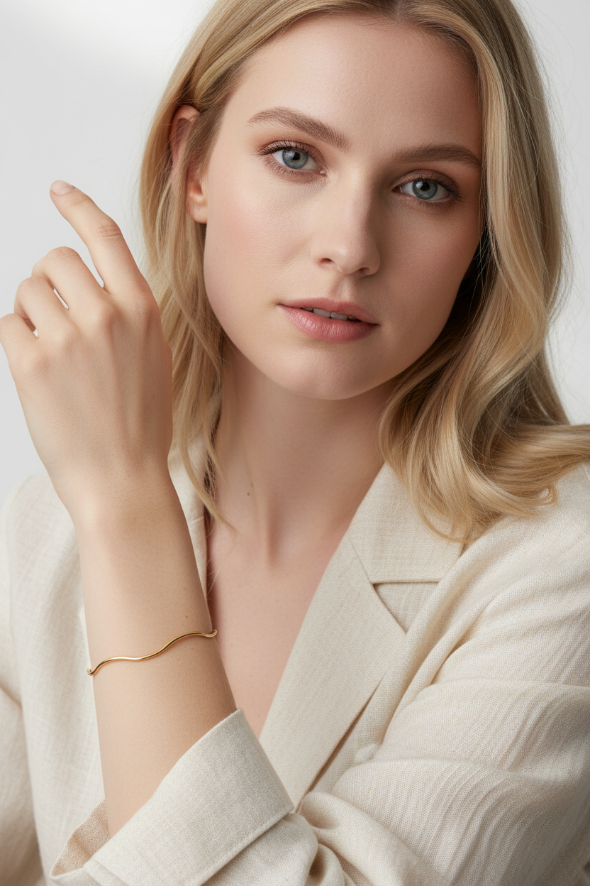 Nordic Model Wearing Wavy Gold Cuff Bracelet 18k Gold Plated Adjustable Bangle – Ms Friesch Jewelry