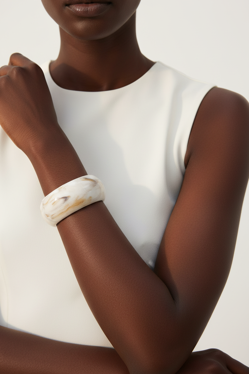 White Marble Chunky Resin Bangle Worn by Model - Wide Stackable Bracelet | Ms Friesch