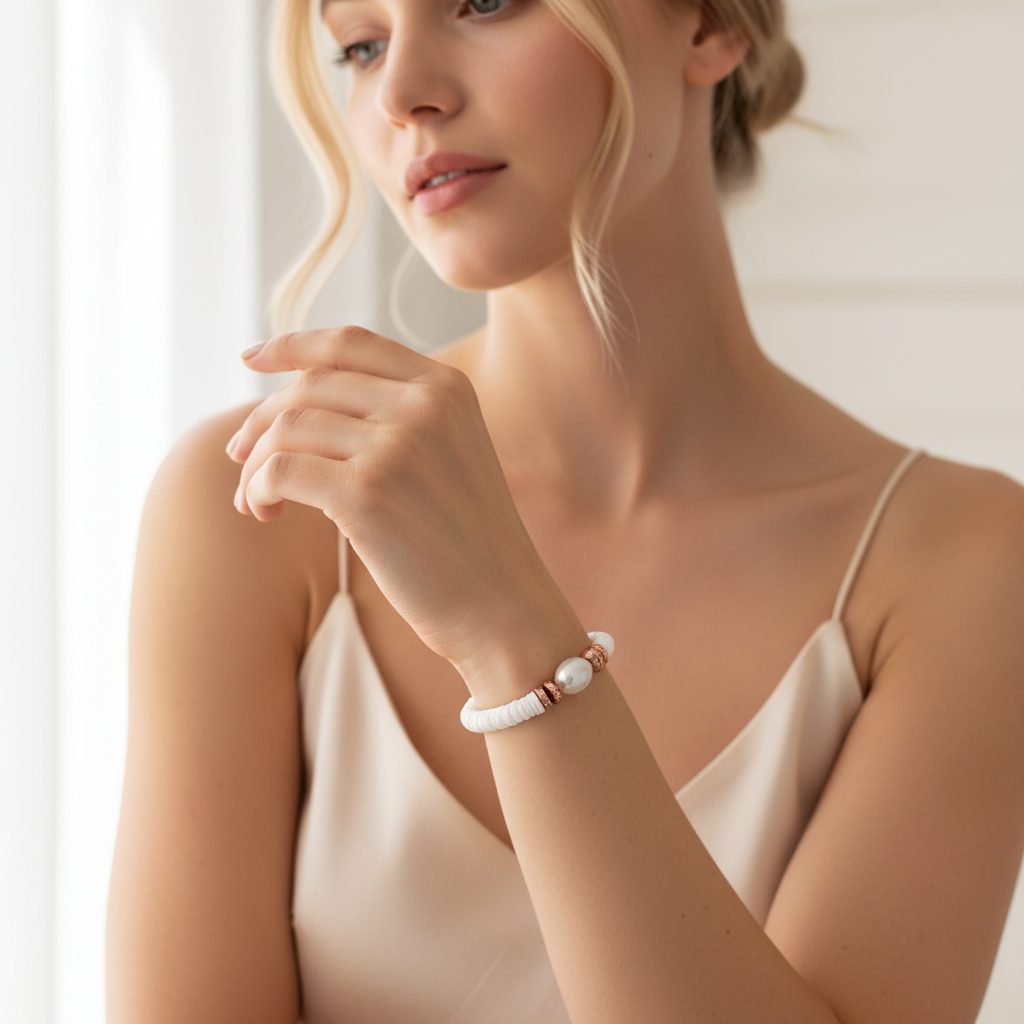 White Shell Baroque Pearl Stretch Bracelet Copper on Wrist for Women
