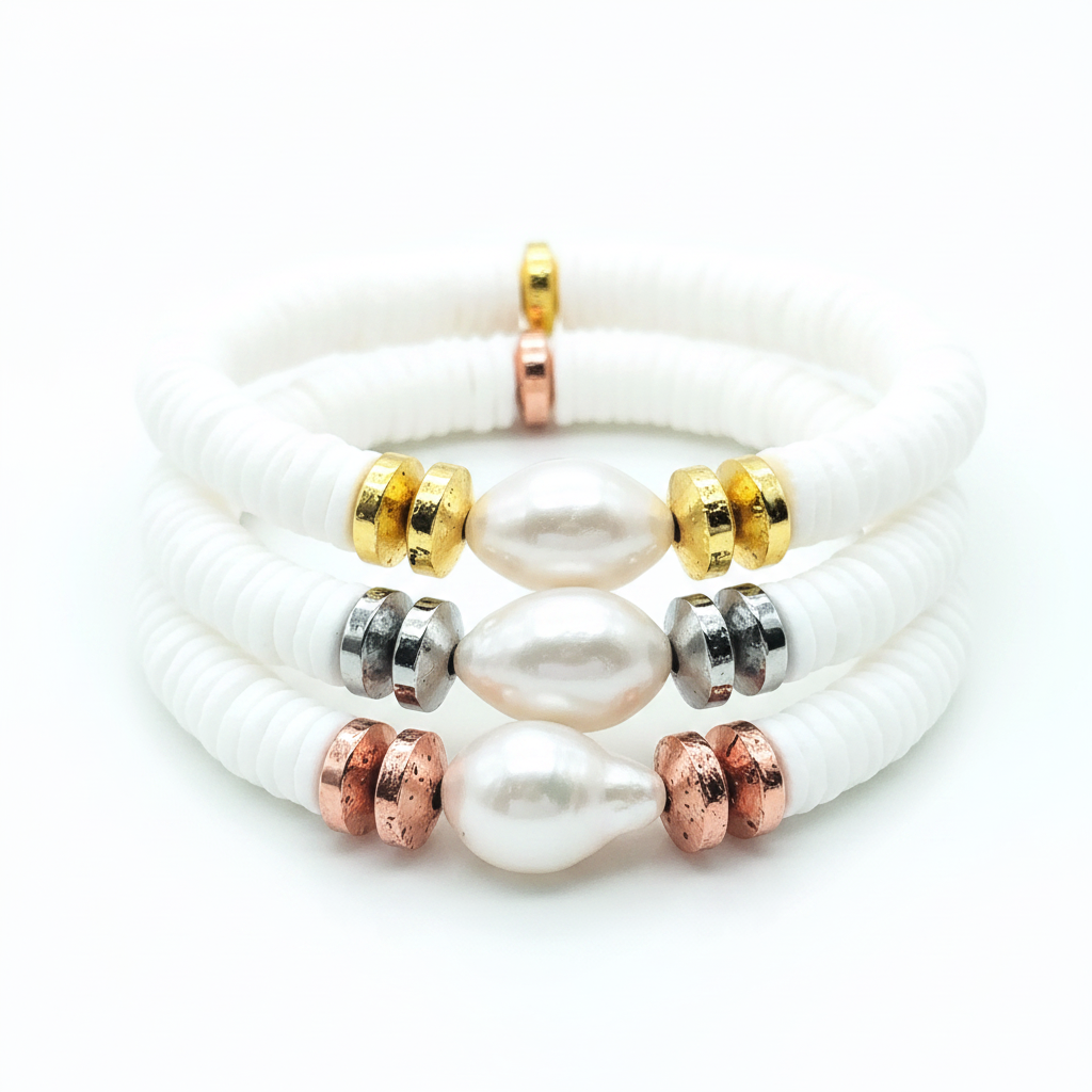 White Shell Baroque Pearl Stretch Bracelet Gold Silver Copper for Women

