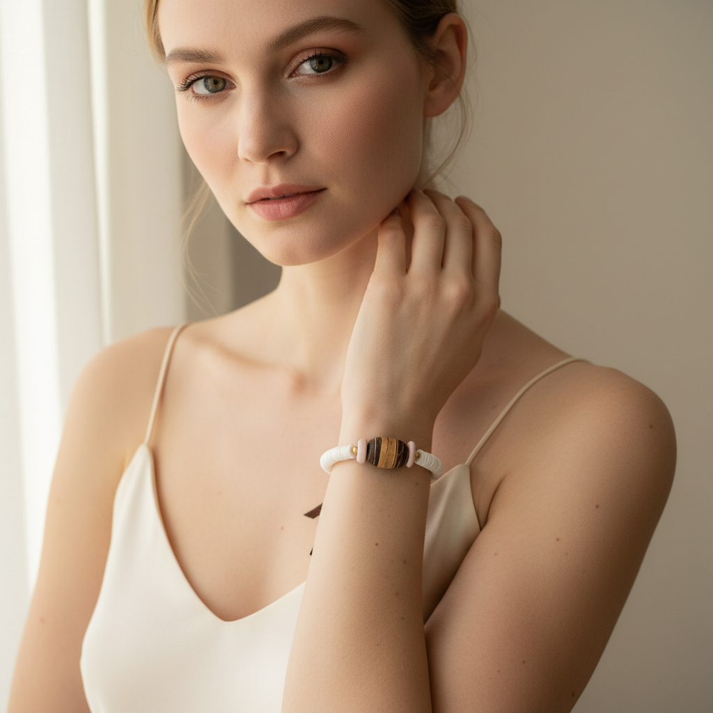 White Shell Bracelet Pink On Model